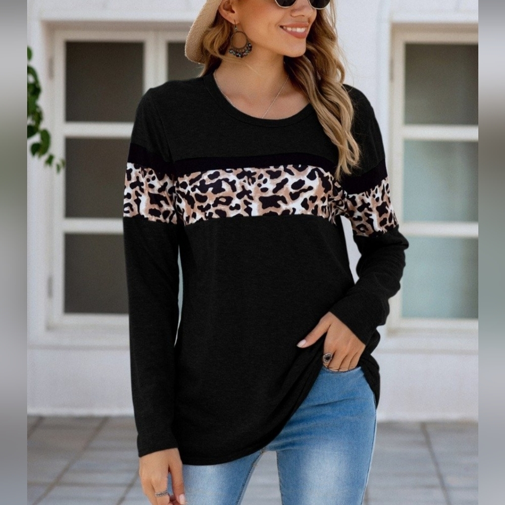 "NEW" Long Sleeve Black Top with Leopard Print Size Small & Large